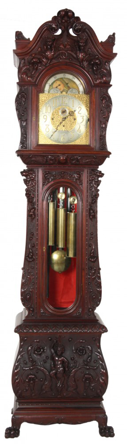 Tiffany & Company mahogany Horner grandfather clock, signed ‘Walter H. Durfee.’ Price realized: $23,600. Fontaine’s Auction Gallery image.